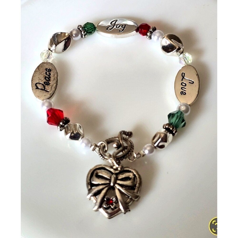 Christmas Silver Green Red Beaded Toggle Bracelet 8" Joy Peace Love *